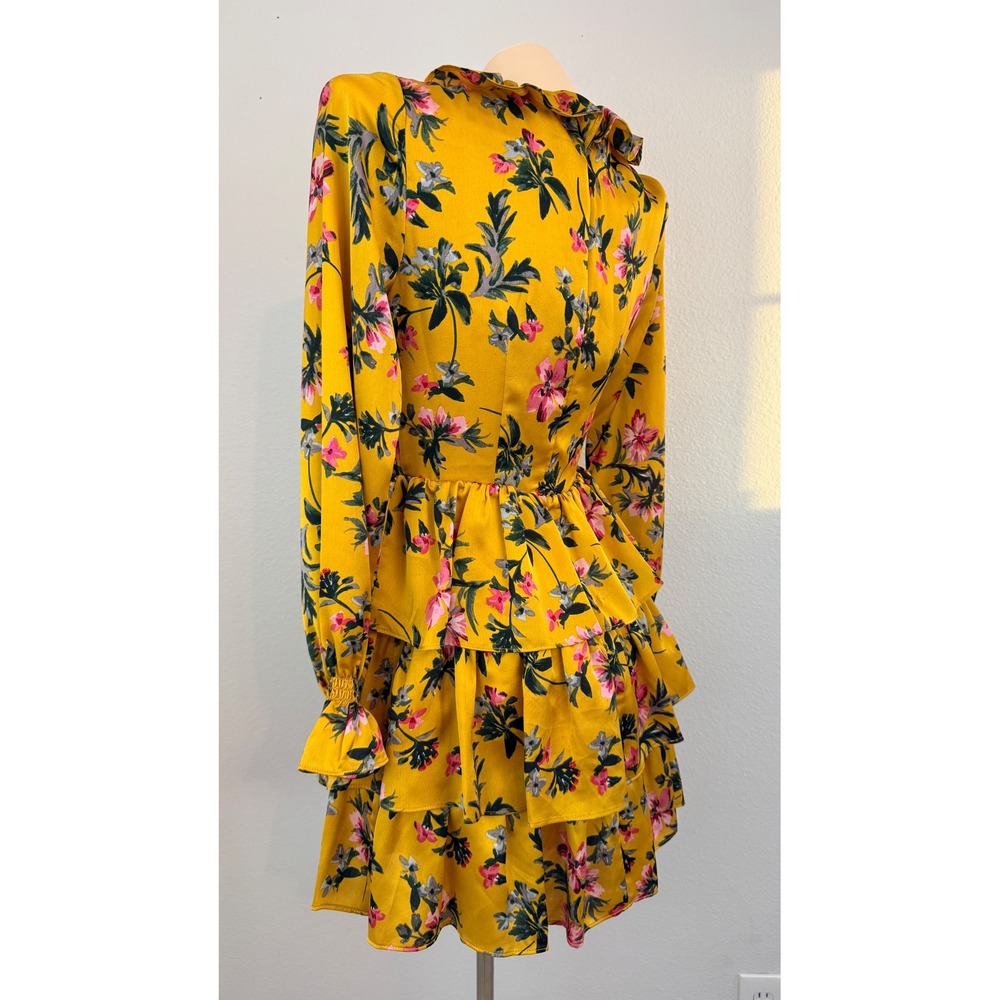 Avec Les Filles Mustard Floral Ruffle Tiered Mini Dress Cottagecore Coquette 6 - Picture 5 of 9